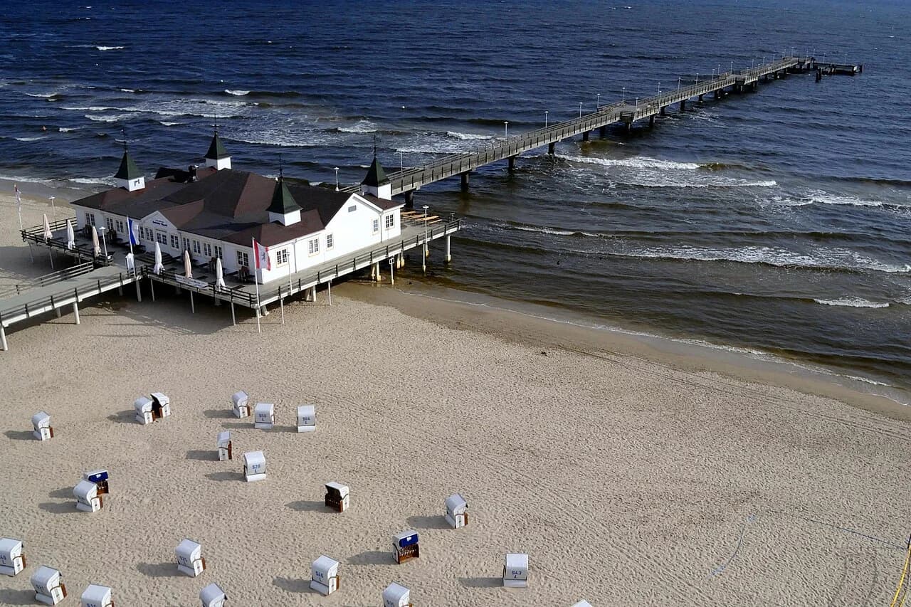 Aerial view of Ahlbeck’s historic pier and sandy beach